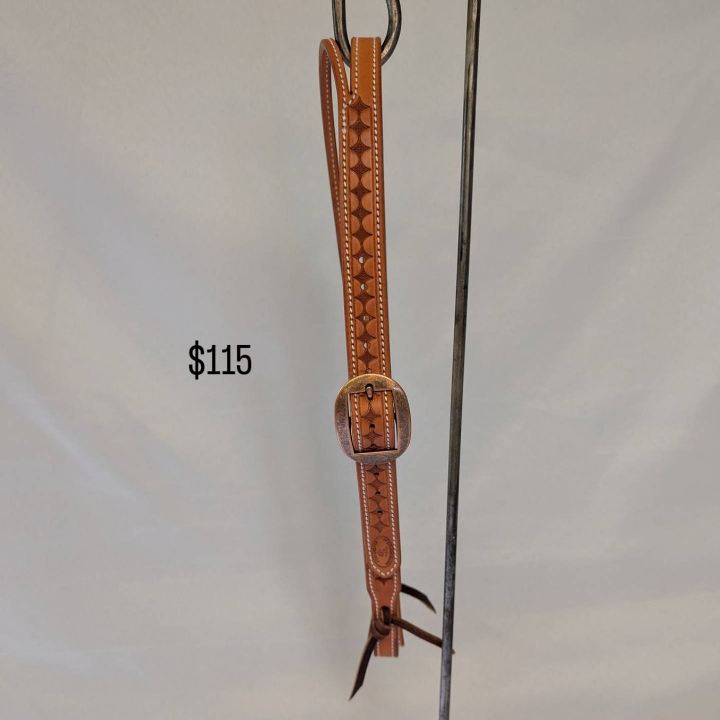 Tan geometric-stamped headstall with bronze buckle